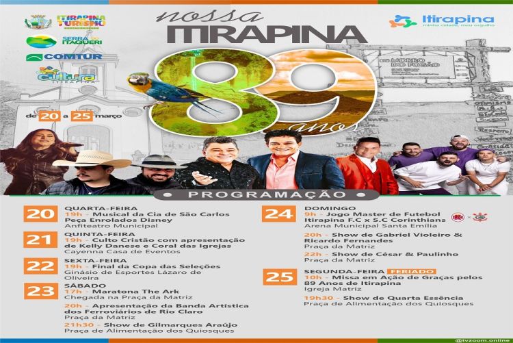 Itirapina comemora 89 anos de história com show de César e Paulinho; confira toda programação