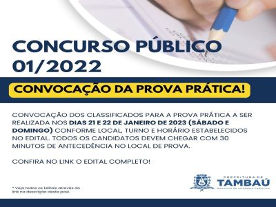 Prefeitura de Tambaú convoca os candidatos classificados para a realização da prova prática